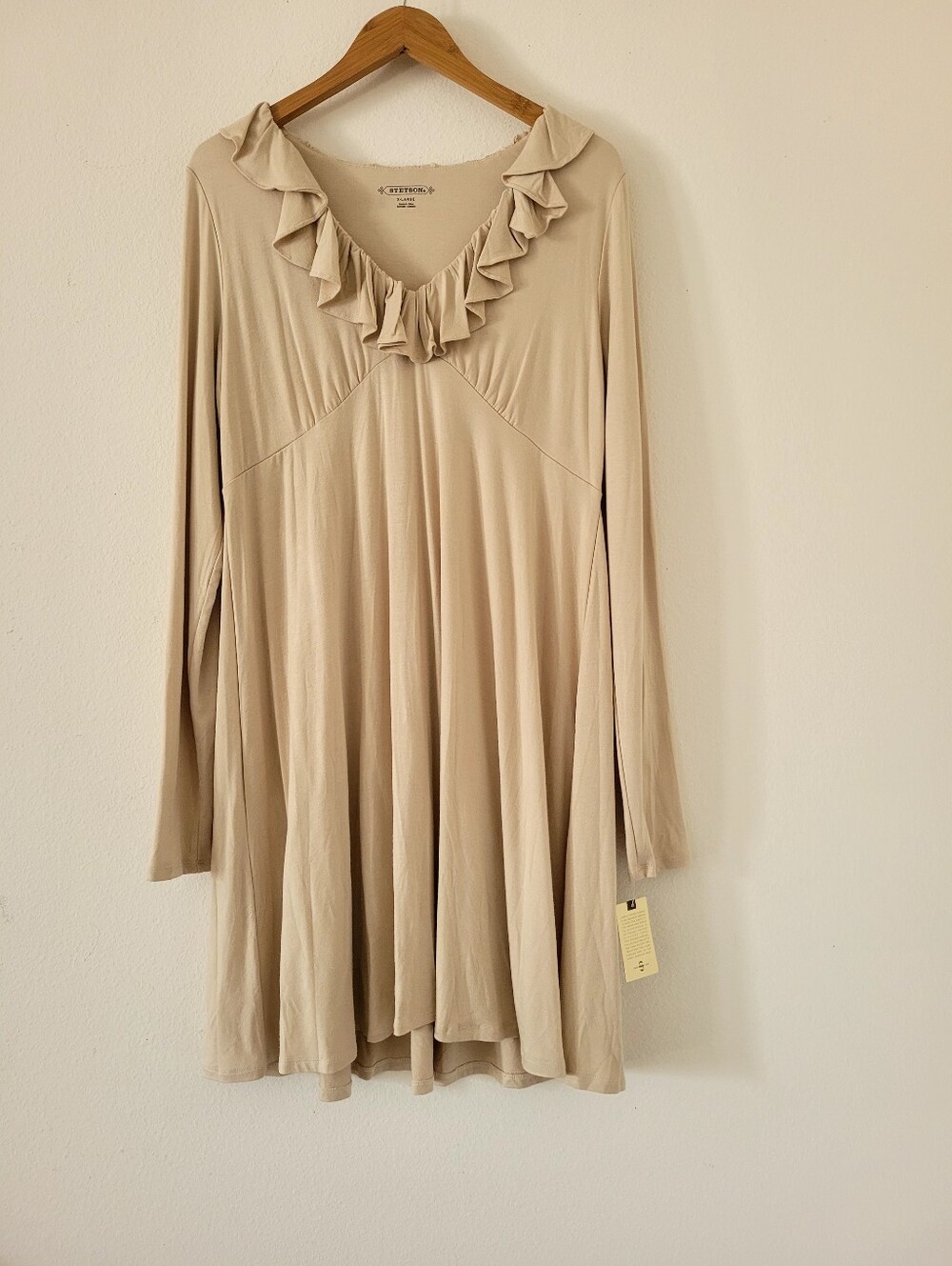 Stetson Beige Ruffled V-Neck Long Sleeve Dress Size XL